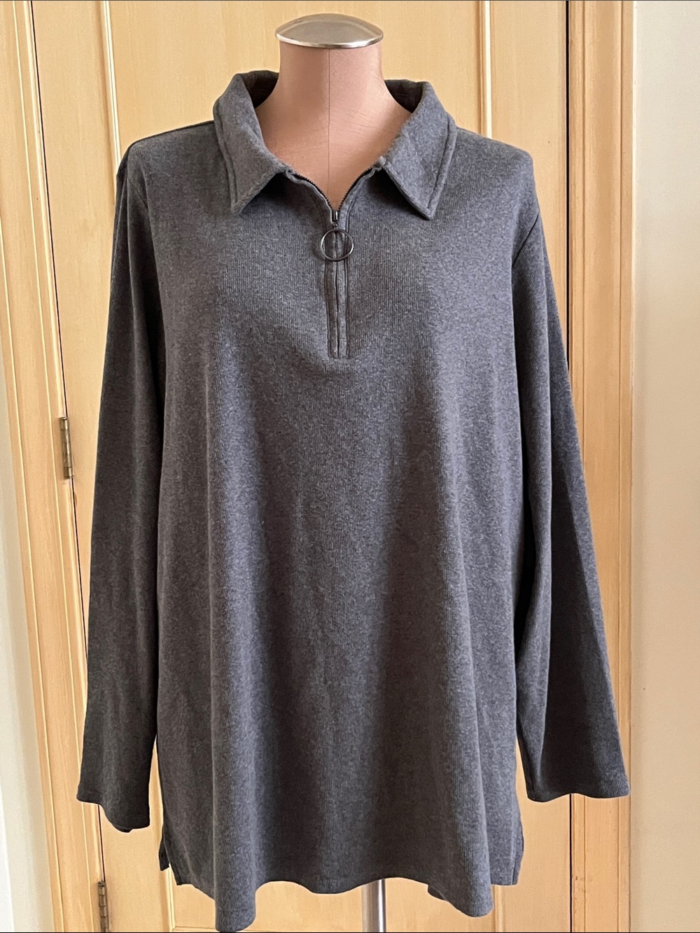 BELLE BY KIM GRAVEL Casual Weekend Travel Ribbed 1/4 Zip Grey Cotton Tunic 3X